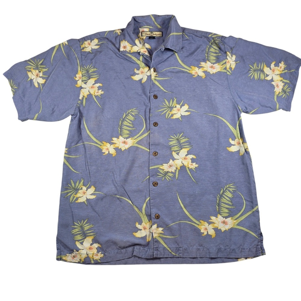 Tommy Bahama 100% Silk Blue Floral Palm Short Sleeve Hawaiian Camp Shirt Men's S